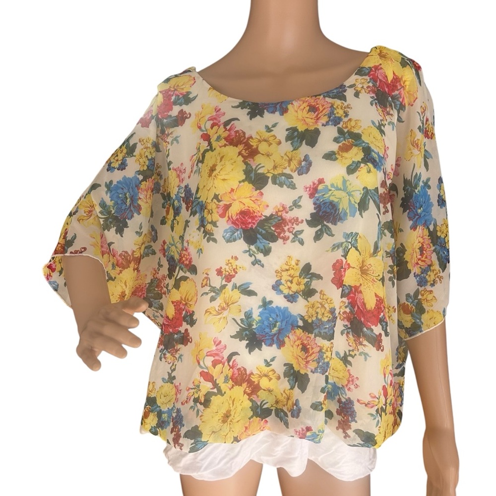 Cha Cha Vente 1X Floral Sheer Chiffon Blouse Layered Top Yellow Blue